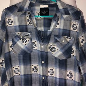 Flannel blue white with pearl buttons